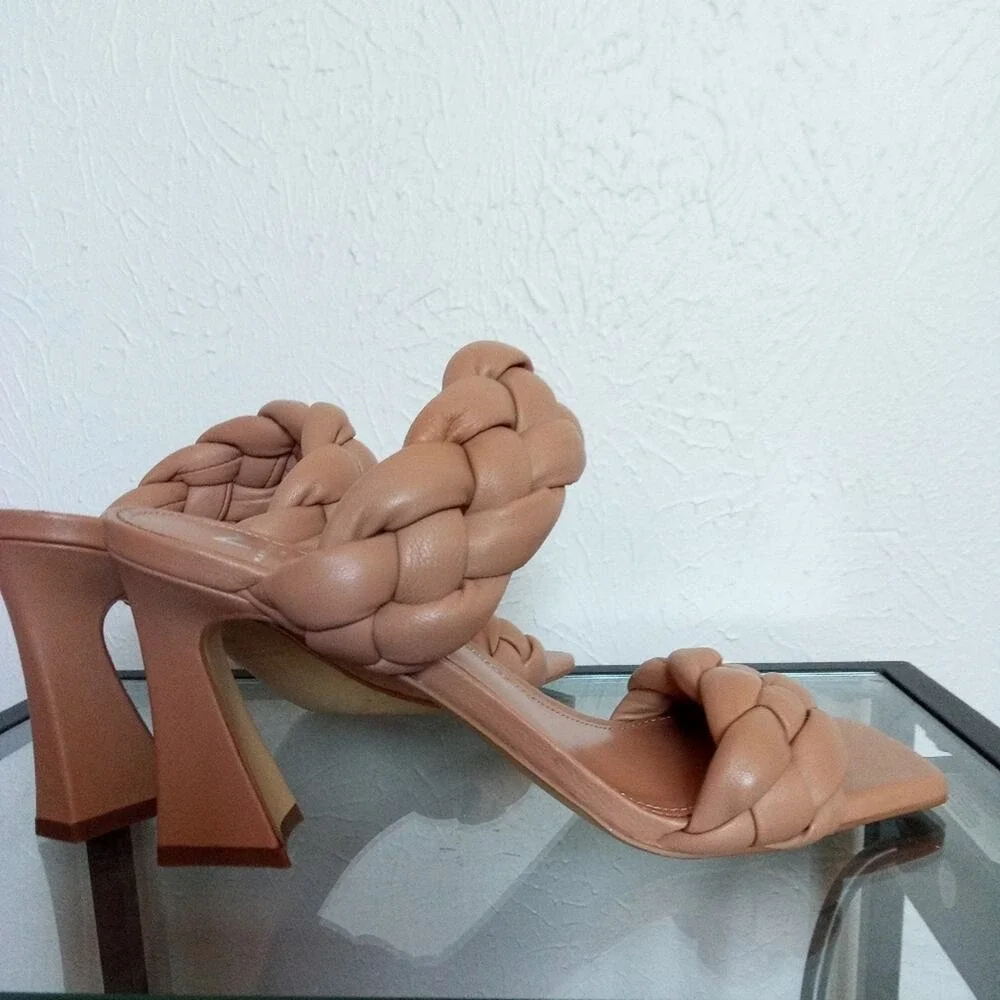 Marc Fisher leather Sandals braided strap size 8.5 Nude Neutral Brown Heels NWT‎